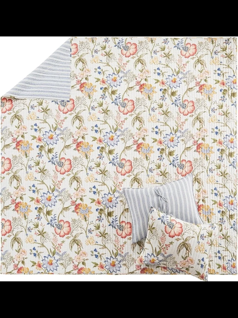 Floral Cotton Quilt Set in Blue and Cream - Brand: